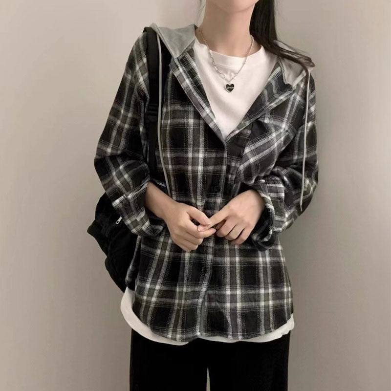 フード付きカジュアルチェックシャツ