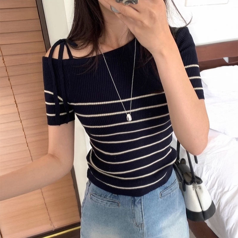 ワンショルダーボーダーリブトップス