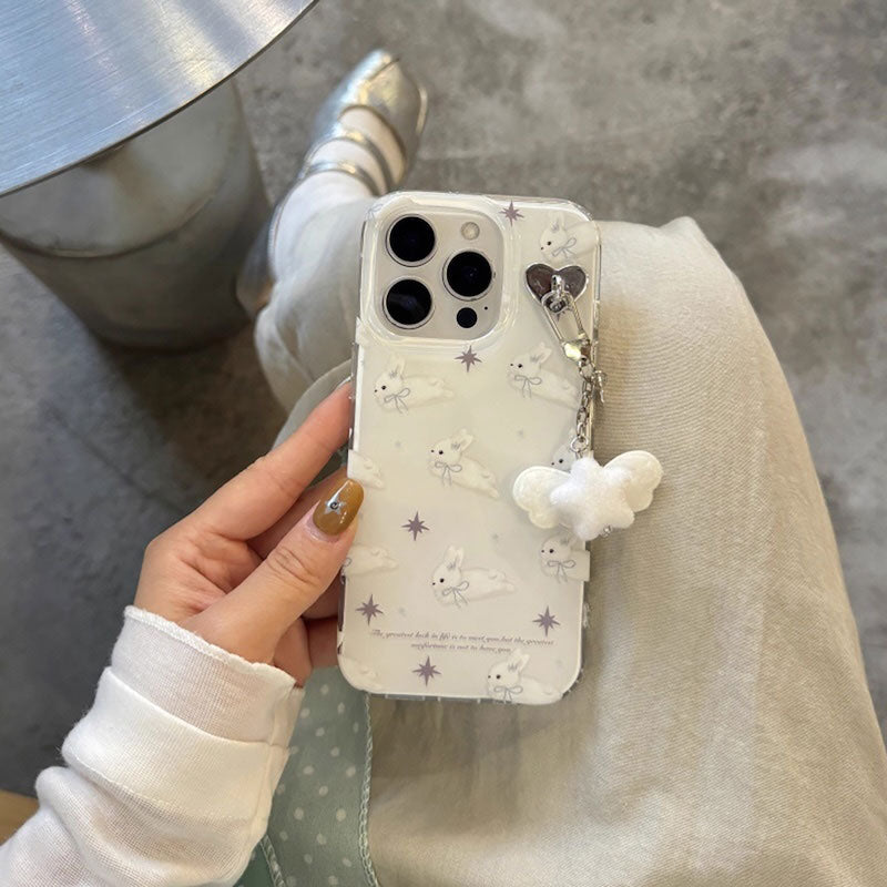 羽根チャーム付き白うさぎiPhoneケース