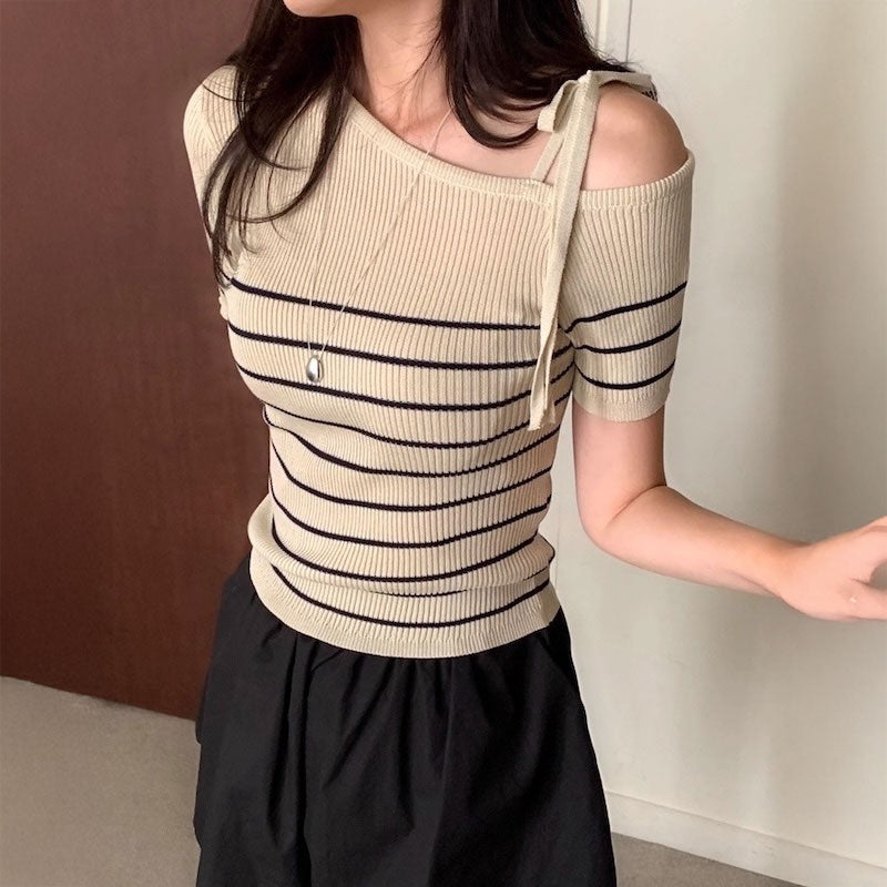ワンショルダーボーダーリブトップス