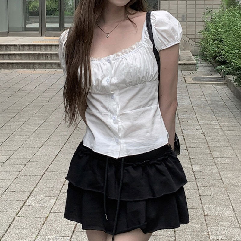 シャーリングレースパフブラウス