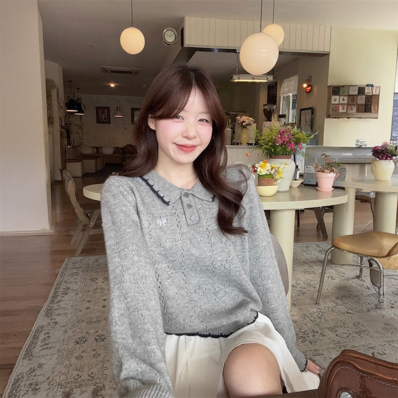 リボン刺繍ケーブルポロニット