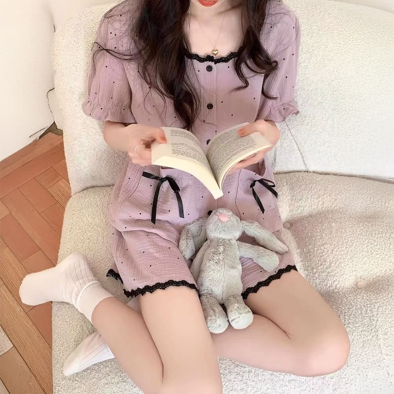 ブラックピンクドットリボンルームウェア