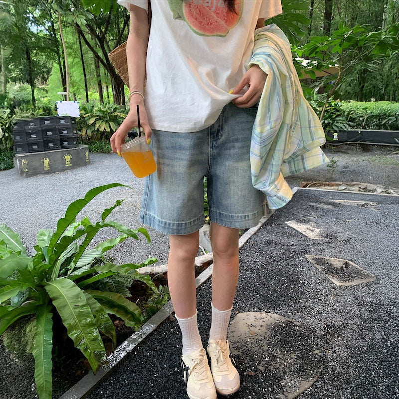 ワイドルーズハーフウォッチデニムパンツ