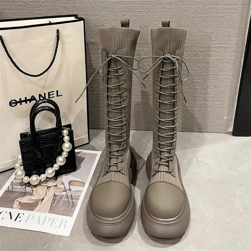 レースアップリブニットロングブーツ