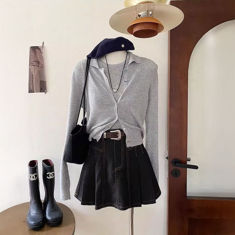 イージーベルトデニムプリーツスカート