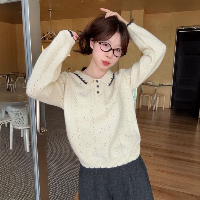 リボン刺繍ケーブルポロニット