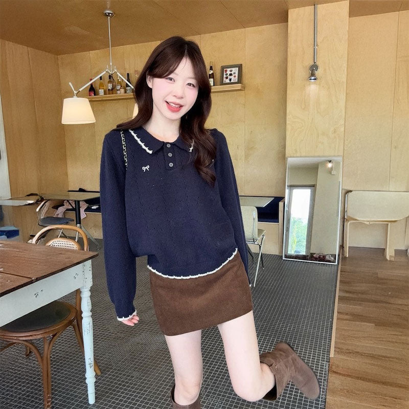 リボン刺繍ケーブルポロニット