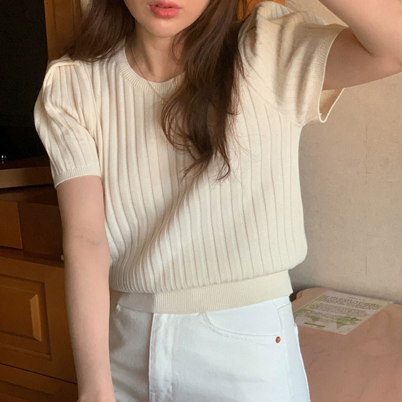 ワンカラーリブ半袖トップス