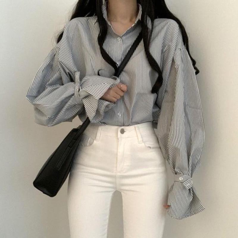 ボリュームスリーブストライプシャツ