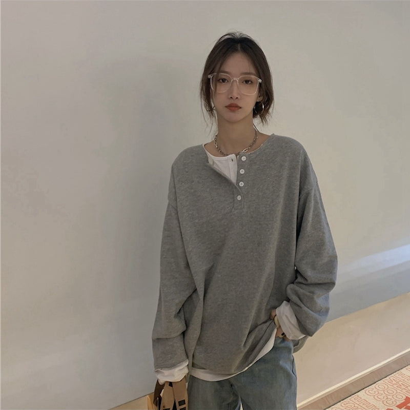 ボタンネックロンT