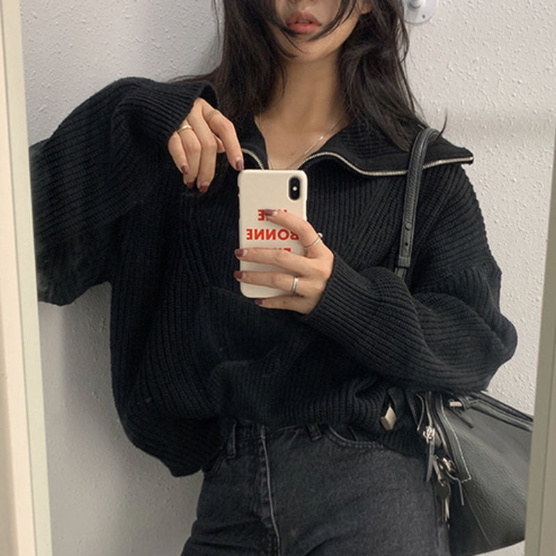 ハーフジップリブニット