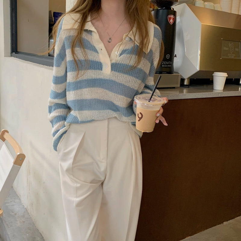 ボーダーリラックスポロニット