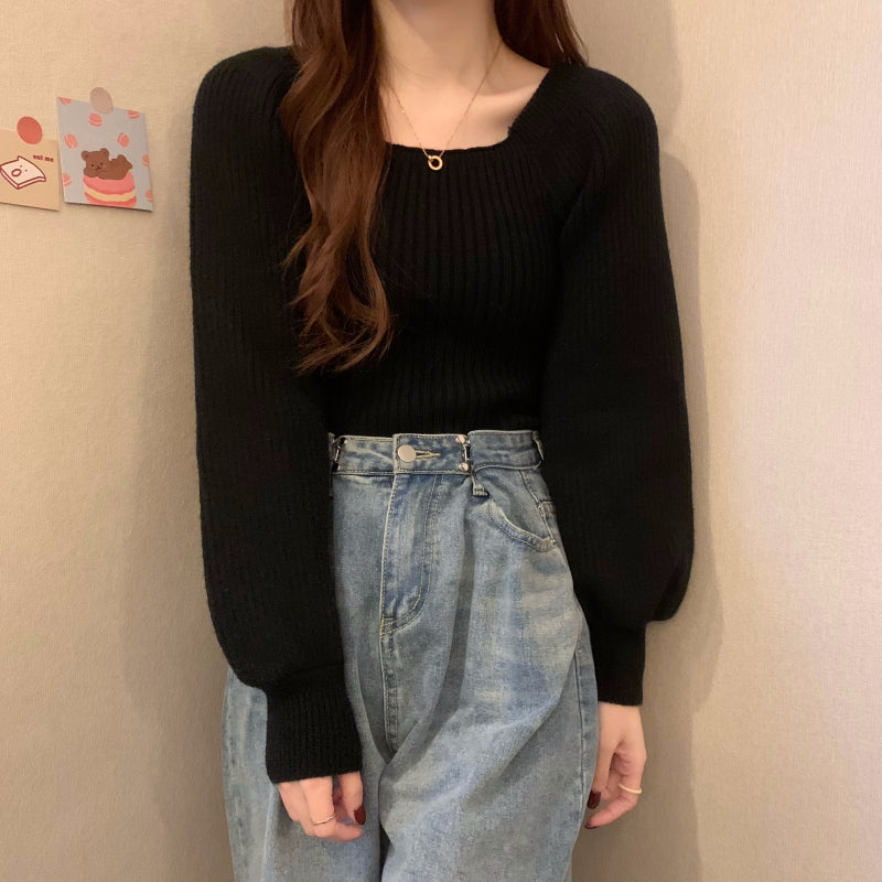 スクエアネックリブニット