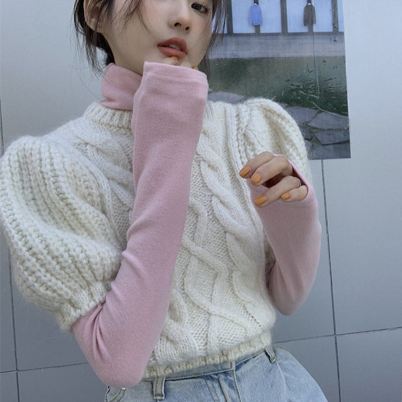 半袖ソフトケーブルニット&ピンクトップスSET