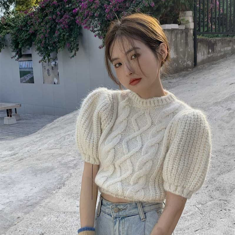 半袖ソフトケーブルニット&ピンクトップスSET