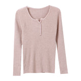 ボタンネックリブトップス