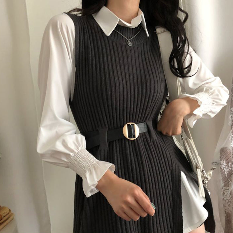 リブニットベストシャツワンピース