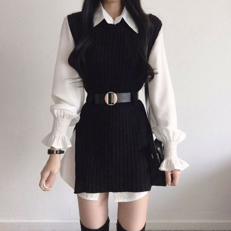 リブニットベストシャツワンピース