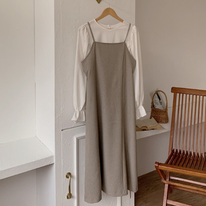 バブルスリーブトップス&ストラップワンピースSET