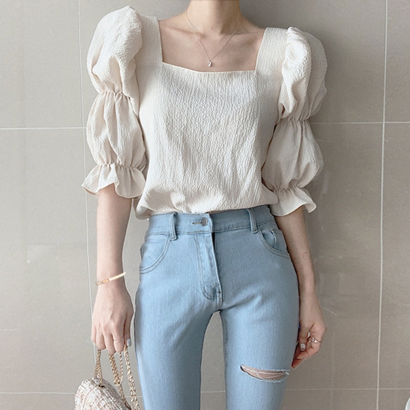 ダブルパフスクエアネックブラウス