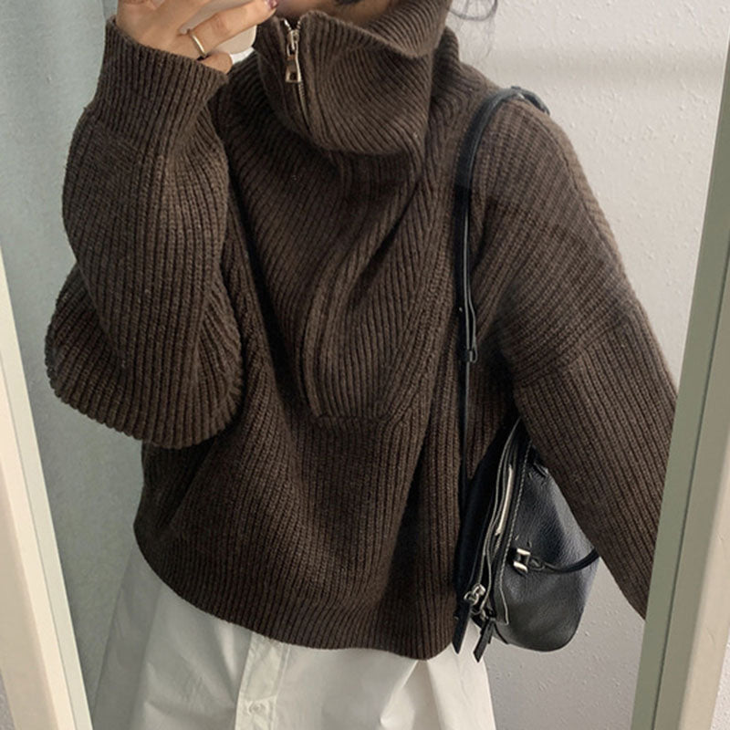 ハーフジップリブニット