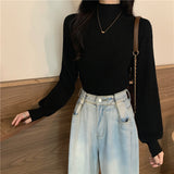 ハイネックシンプルリブトップス