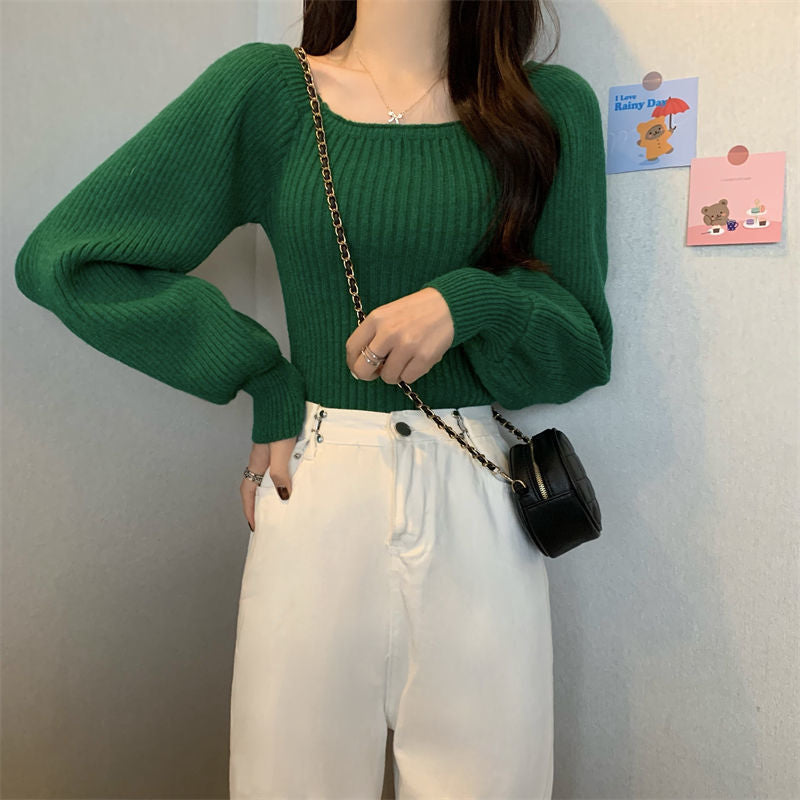 スクエアネックリブニット