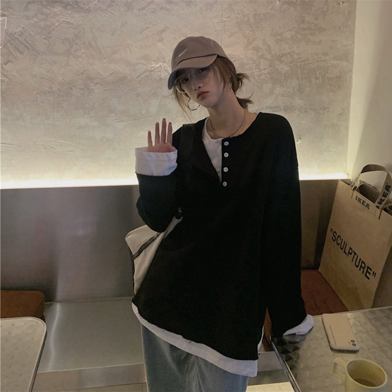 ボタンネックロンT