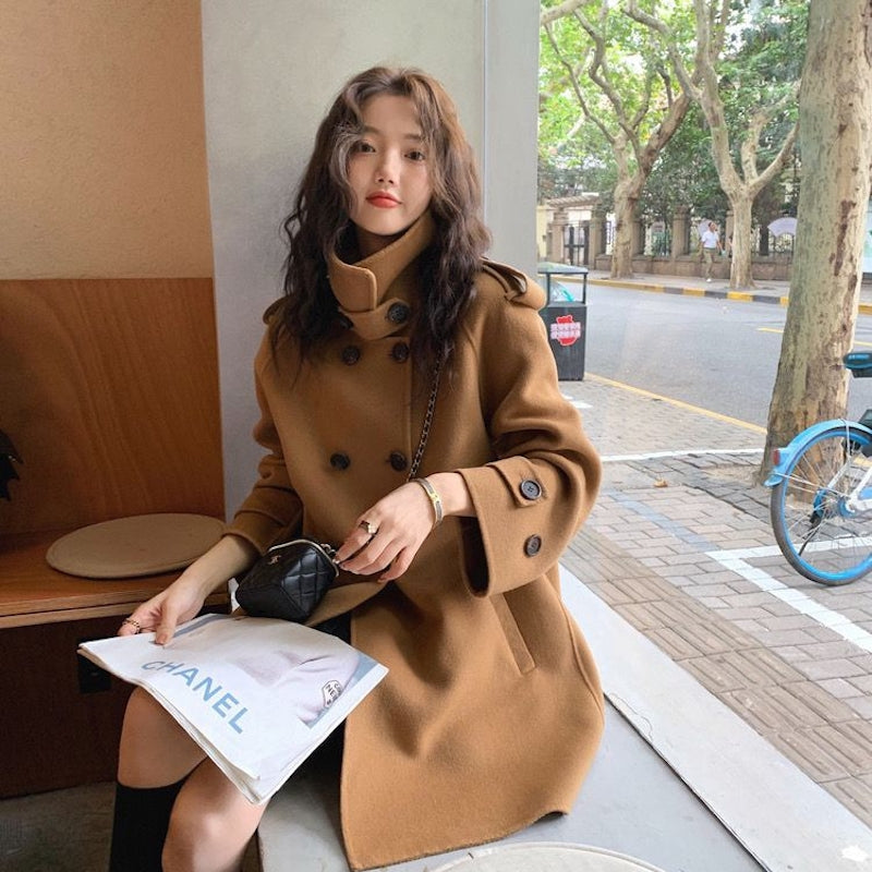 ハイネックダブルボタンピーコート