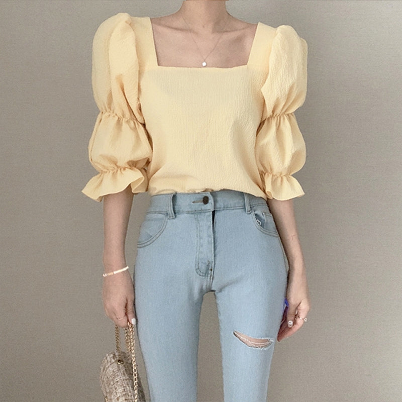 ダブルパフスクエアネックブラウス