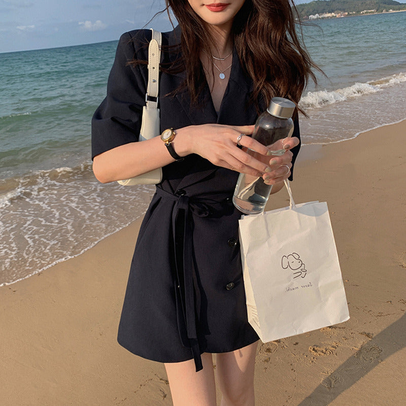 ジャケット風サテン半袖ワンピース