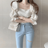 ダブルパフスクエアネックブラウス