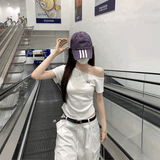 ワンショルダーリボン刺繍Tシャツ