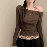 チェックアクセントワンショルダーロンT