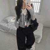 レースレイヤードグレーカーディガン