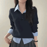 ボタンネックシャツレイヤードニット