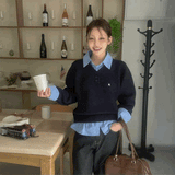 レイヤードブルーシャツボタンニット