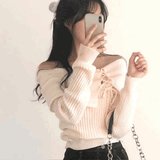 レースアップオフショルダーリブニット