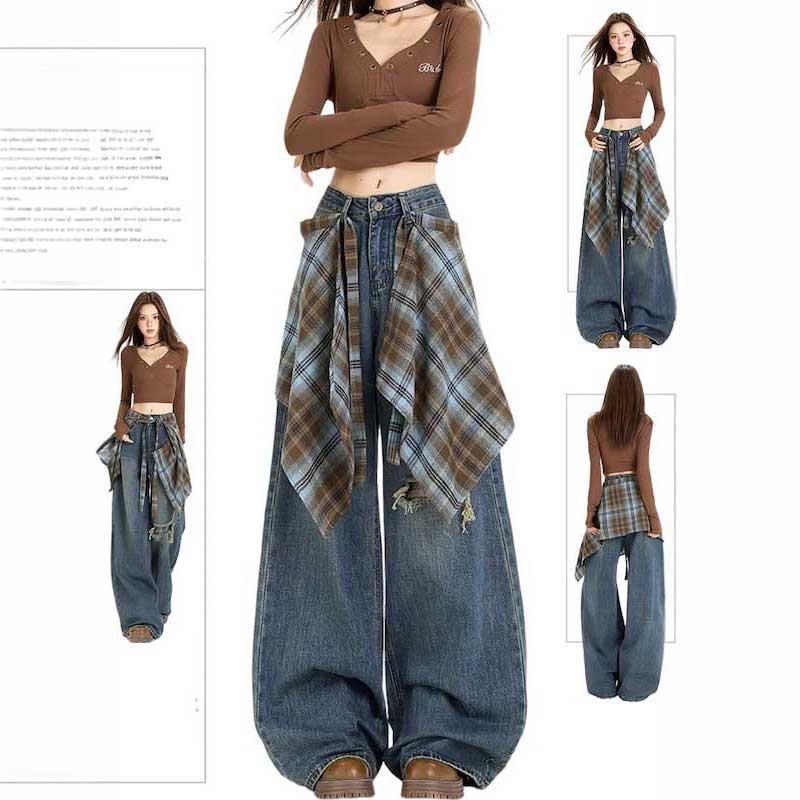 ブルーブラウンラップワイドデニム