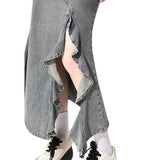 サイドスリットフリルデニムロングスカート