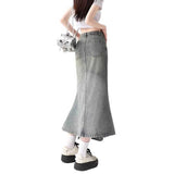 サイドスリットフリルデニムロングスカート