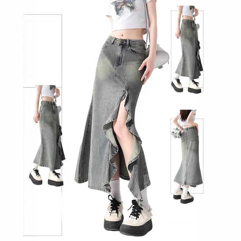 サイドスリットフリルデニムロングスカート