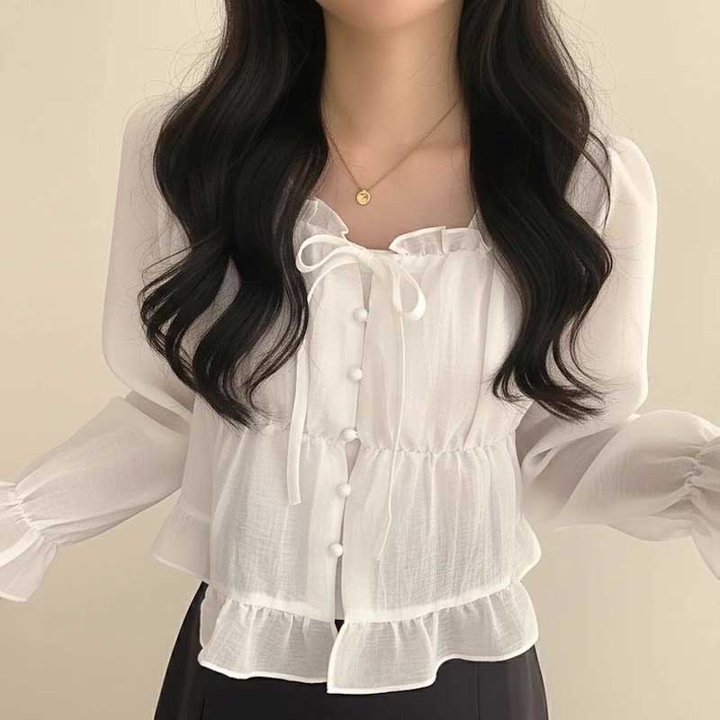 フレアリボンティアードブラウス