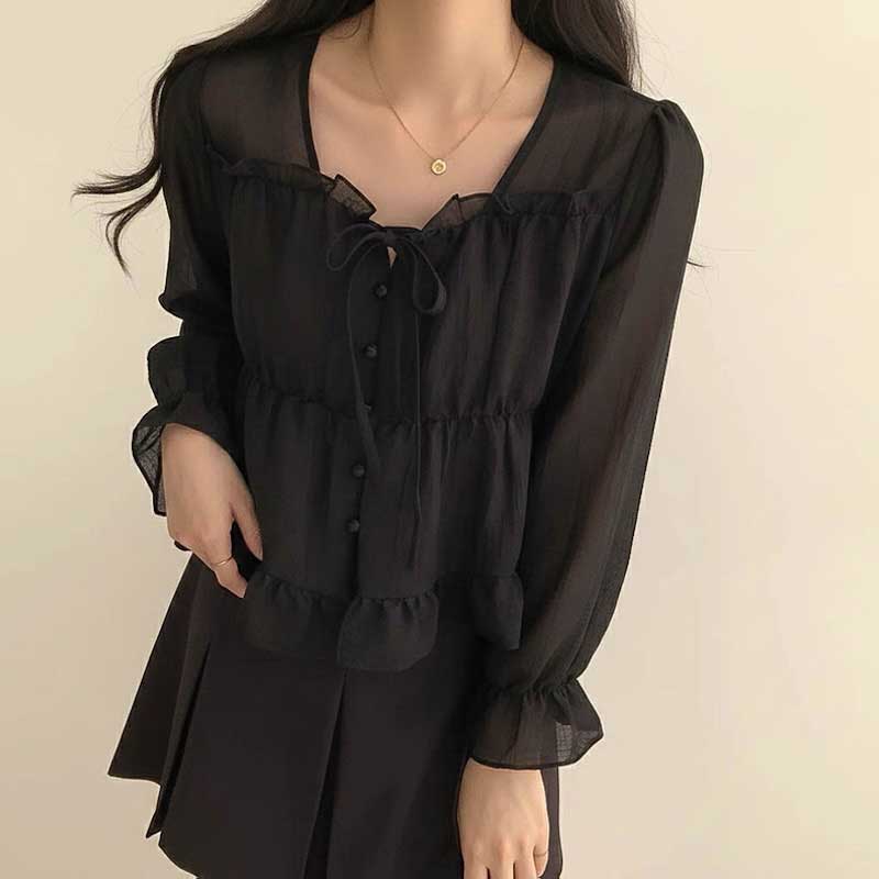 フレアリボンティアードブラウス