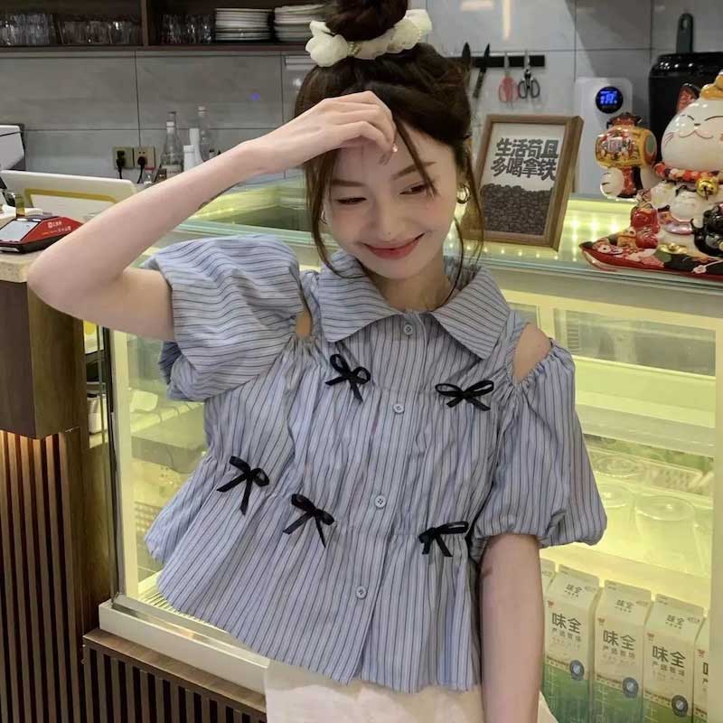 ミニリボンスリットストライプシャツ