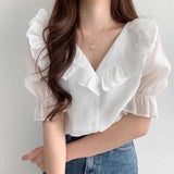 Vネックフリルパフブラウス