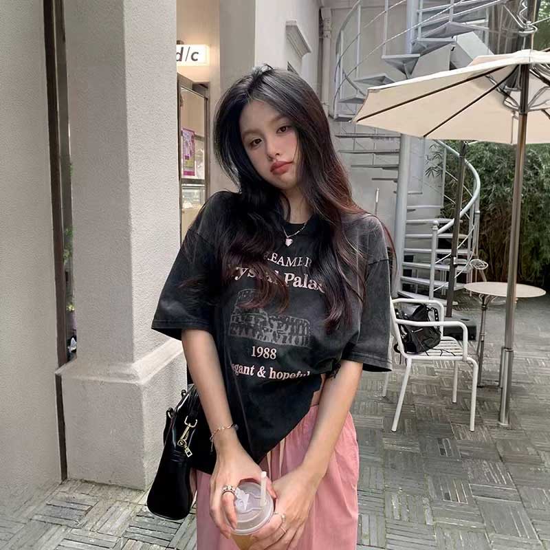 ピンクウォッシュプリントTシャツ