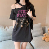 アシンメトリーデザインネックTシャツ