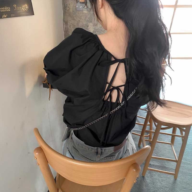 ダブルバックリボンパフブラウス